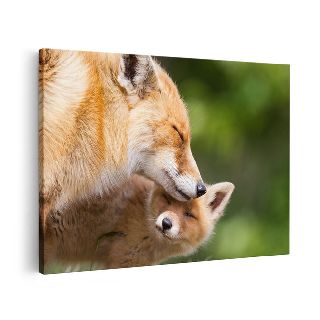 Canvas schilderij vooraanzicht Moeder Vos met haar Welp 