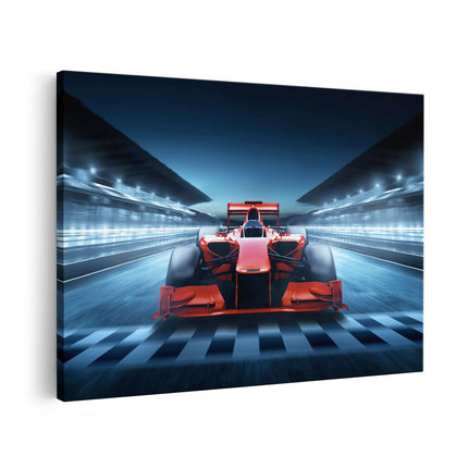 Canvas schilderij vooraanzicht Formule 1 Auto bij de Finish - Rood