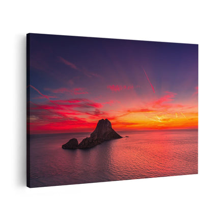 Canvas schilderij vooraanzicht Ibiza Rotsen Eiland bij Zonsondergang