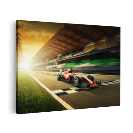 Canvas schilderij vooraanzicht Formule 1 Auto bij de Finish in het Rood