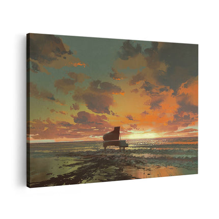 Canvas schilderij vooraanzicht Piano op het Strand bij Zonsondergang