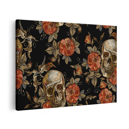 Canvas schilderij vooraanzicht Doodshoofden met Bloemen - Schedels