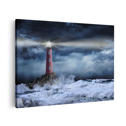 Canvas schilderij vooraanzicht Vuurtoren op een Storm Zee met Golfen Water