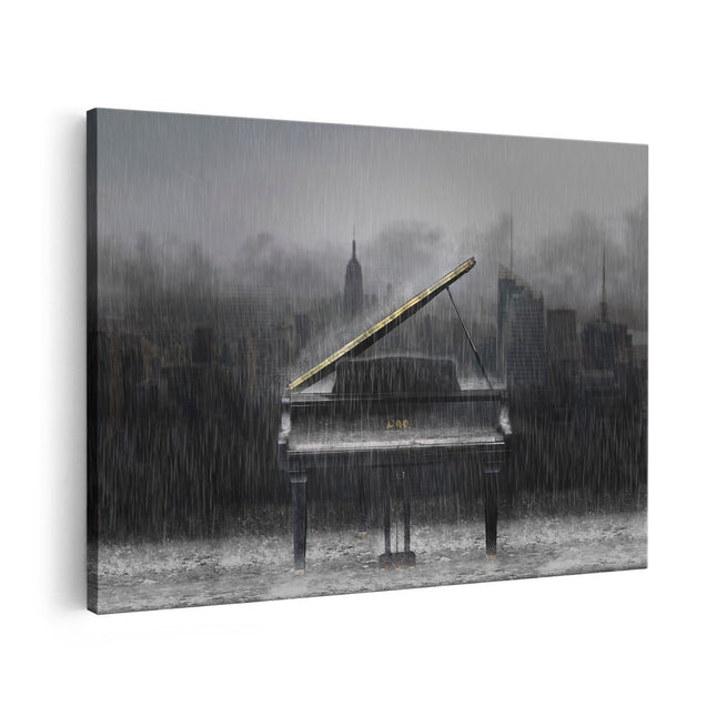 Canvas schilderij vooraanzicht Piano in de Regen voor een Stad