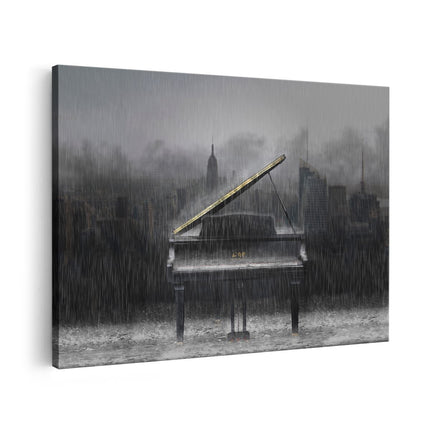 Canvas schilderij vooraanzicht Piano in de Regen voor een Stad