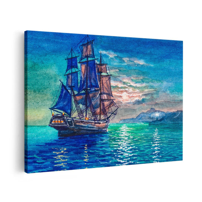 Canvas schilderij vooraanzicht Oude Piratenschip Zeilboot Getekend