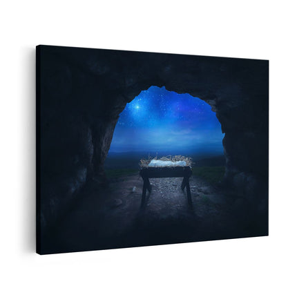 Canvas schilderij vooraanzicht Kribbe in een Grot onder de Ster Van Bethlehem