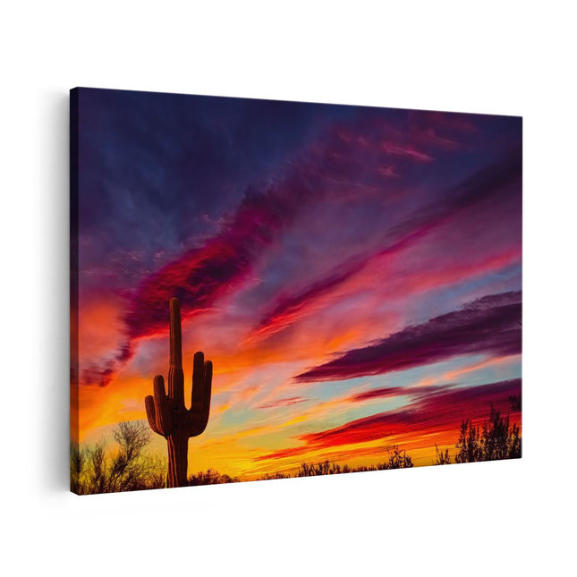Canvas schilderij vooraanzicht Cactus bij Oranje Zonsondergang