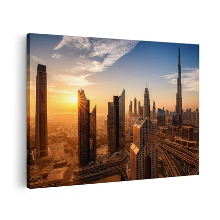 Canvas schilderij vooraanzicht Dubai Stad bij Zonsopgang