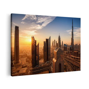 Canvas schilderij vooraanzicht Dubai Stad bij Zonsopgang