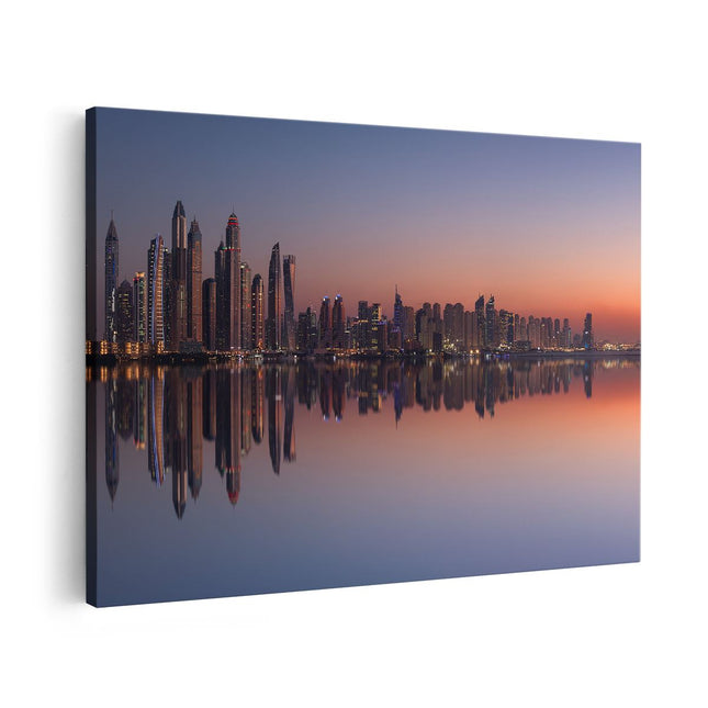 Canvas schilderij vooraanzicht Skyline Dubai Stad bij Zonsondergang