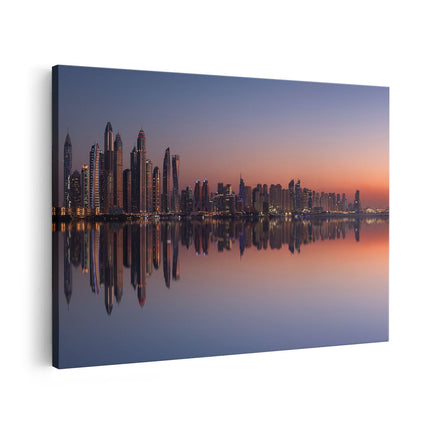 Canvas schilderij vooraanzicht Skyline Dubai Stad bij Zonsondergang