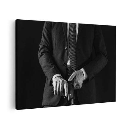 Canvas schilderij vooraanzicht Man in Pak met een Pistool - Zwart Wit