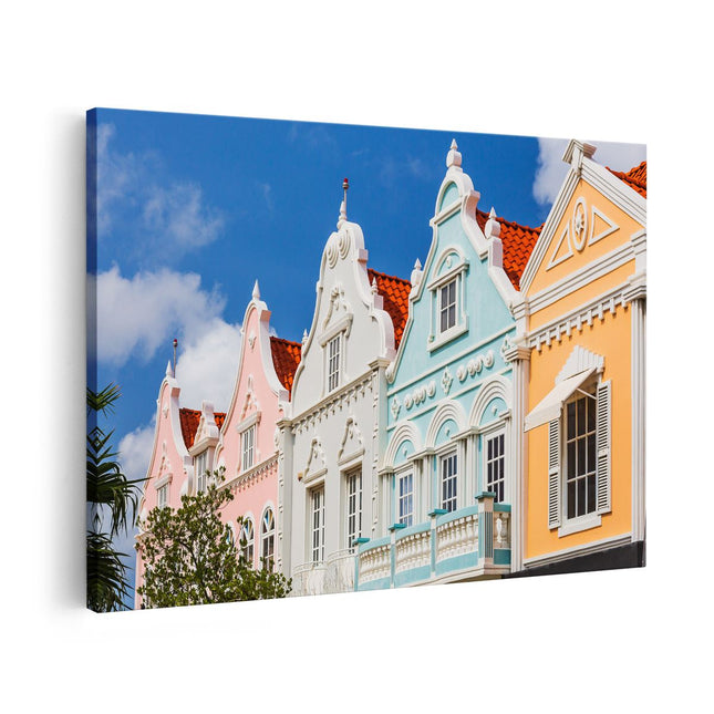 Canvas schilderij vooraanzicht Aruba Kleurrijke Huisjes - Nederlandse Antillen