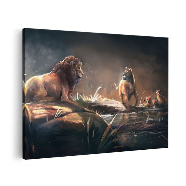 Canvas schilderij vooraanzicht Leeuwen Familie in het Wild - Getekend
