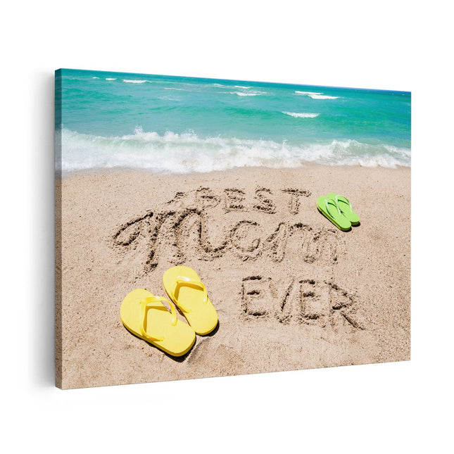 Canvas schilderij vooraanzicht Best Mom Ever op het Strand met Slippers