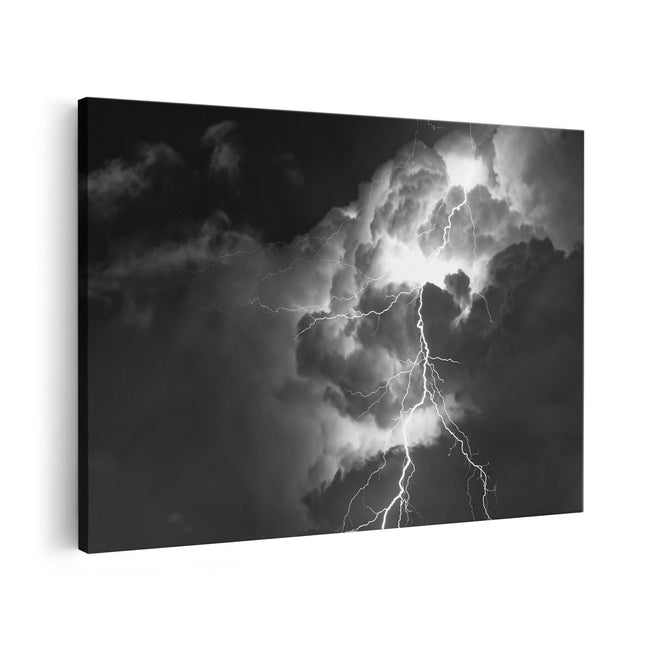 Canvas schilderij vooraanzicht Blikseminslag tussen de Wolken - Onweer - Zwart Wit