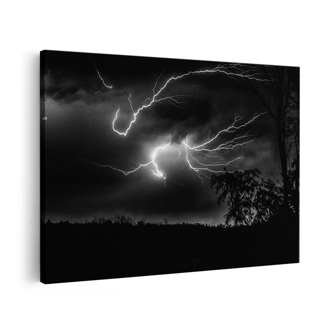 Canvas schilderij vooraanzicht Blikseminslagen in een Paarse Hemel - Onweer - Zwart Wit