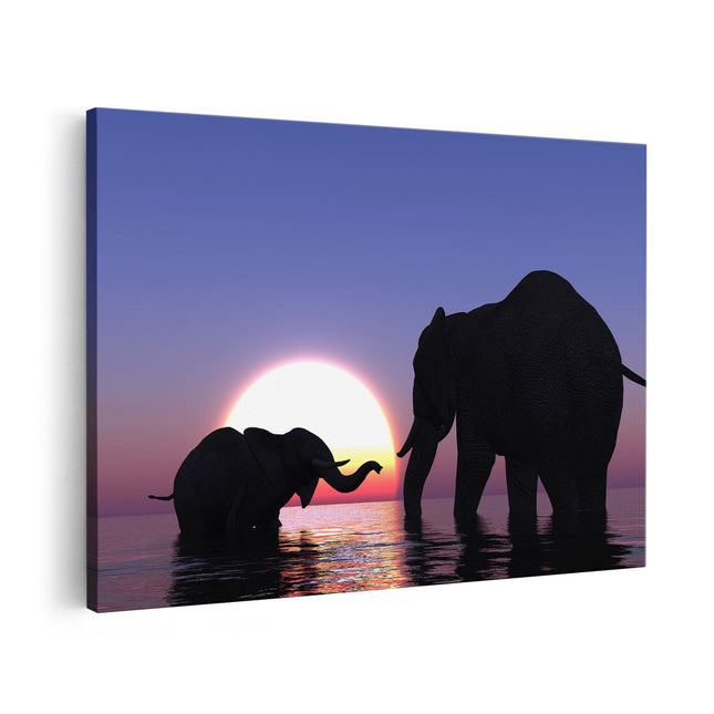 Canvas schilderij vooraanzicht Twee Olifanten in het Water bij Zonsondergang