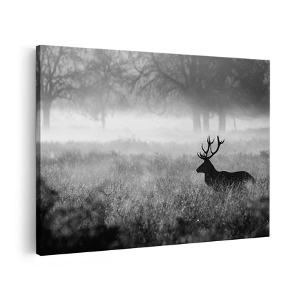 Canvas schilderij vooraanzicht Hert in het Veld tijdens de Mist - Zwart Wit