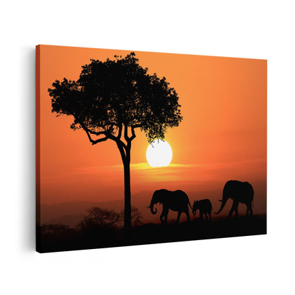 Canvas schilderij vooraanzicht Olifanten Familie bij Zonsondergang - Olifant