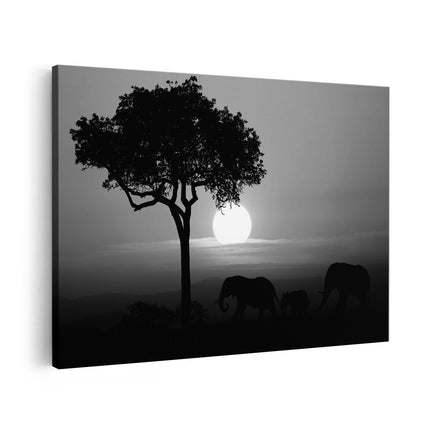 Canvas schilderij vooraanzicht Olifanten Familie bij Zonsondergang - Olifant - Zwart Wit