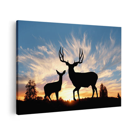 Canvas schilderij vooraanzicht Herten Silhouet bij Zonsondergang 