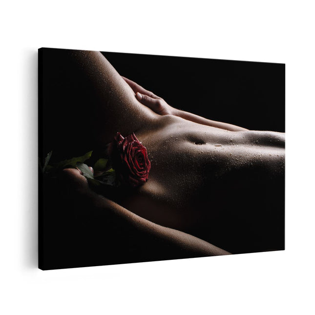 Canvas schilderij vooraanzicht Naakte Vrouwenlichaam met een Rode Roos - Erotiek
