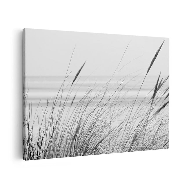 Canvas schilderij vooraanzicht Strand en Zee met Begroeiing - Zwart Wit