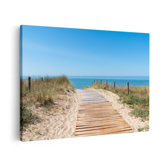 Canvas schilderij vooraanzicht Voetpad in De Duinen met Zee op de Achtergrond
