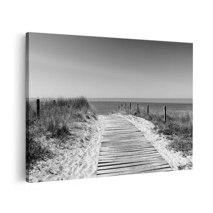 Canvas schilderij vooraanzicht Voetpad in De Duinen met Zee op de Achtergrond - Zwart Wit