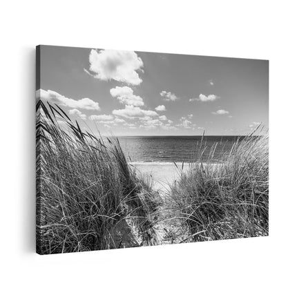 Canvas schilderij vooraanzicht Strand en Zee vanuit Duinen - Zwart Wit