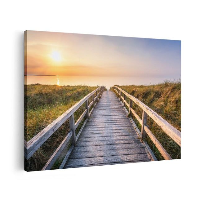 Canvas schilderij vooraanzicht Voetpad in de Duinen met Zonsondergang