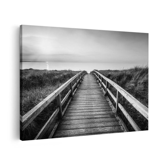 Canvas schilderij vooraanzicht Voetpad in de Duinen met Zonsondergang - Zwart Wit