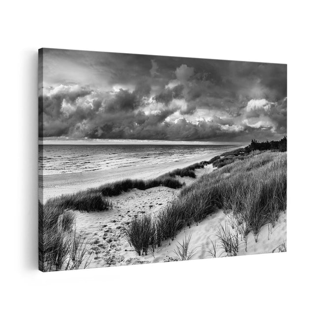 Canvas schilderij vooraanzicht Strand en Duinen met Bewolking - Zwart Wit