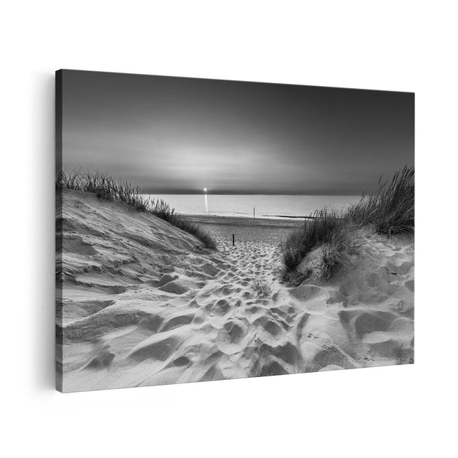 Canvas schilderij vooraanzicht Strand en Zee met Zonsondergang - Zwart Wit