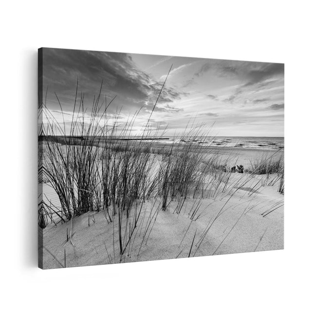 Canvas schilderij vooraanzicht Strand en Zee vanuit Duinen - Zwart Wit