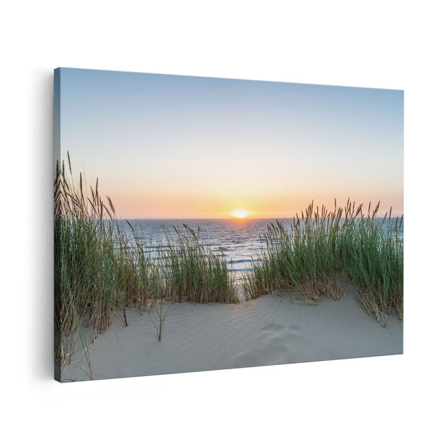 Canvas schilderij vooraanzicht Zee vanuit Duinen met Zonsondergang