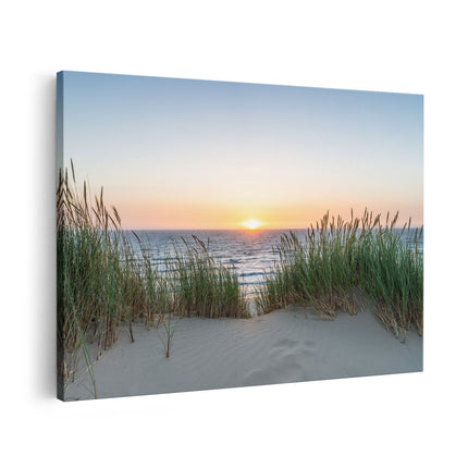 Canvas schilderij vooraanzicht Zee vanuit Duinen met Zonsondergang