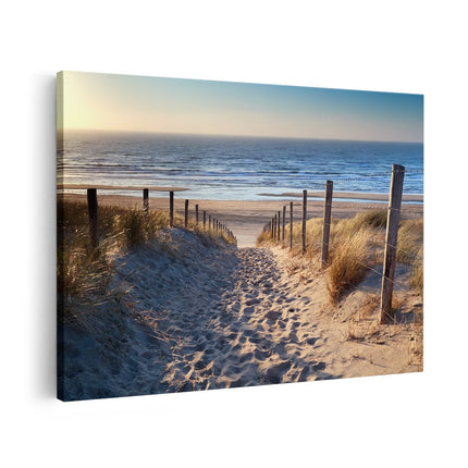 Canvas schilderij vooraanzicht Voetpad in de Duinen met Strand en Zee