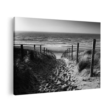 Canvas schilderij vooraanzicht Voetpad in de Duinen met Strand en Zee - Zwart Wit