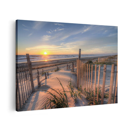 Canvas schilderij vooraanzicht Strand en Zee vanuit Duinen met Zonsondergang