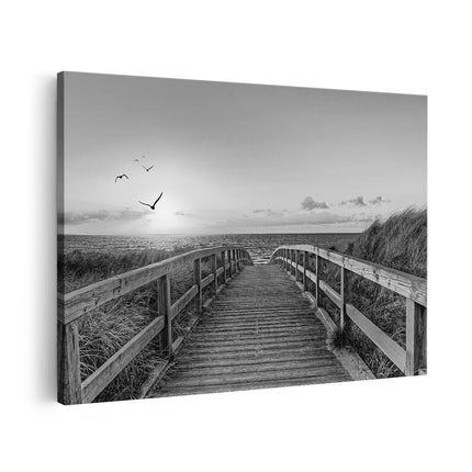 Canvas schilderij vooraanzicht Voetpad met Zee en Vogels - Zwart Wit