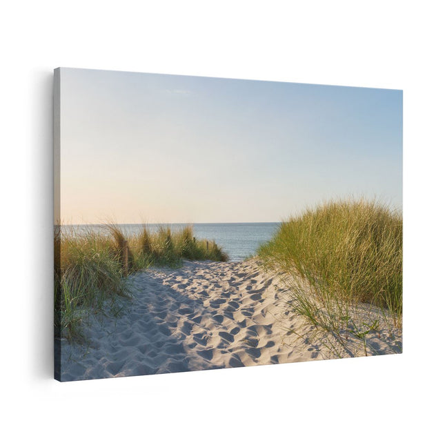 Canvas schilderij vooraanzicht Voetpad in de Duinen met Zon