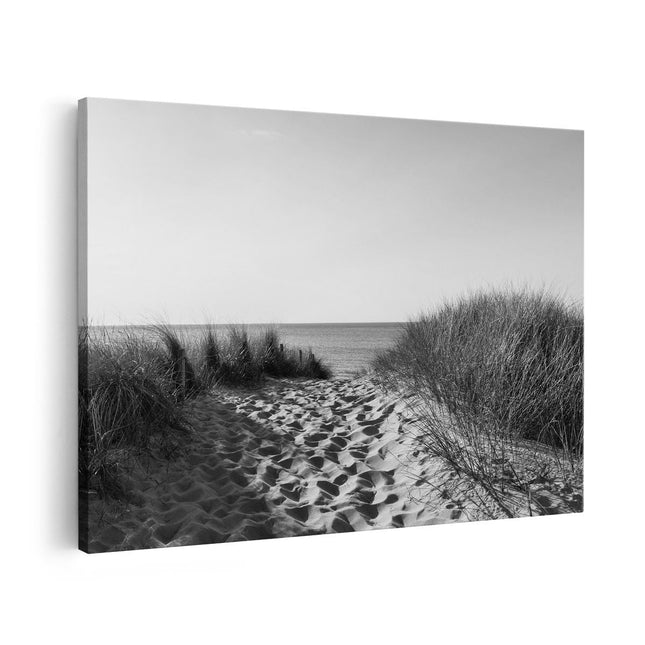 Canvas schilderij vooraanzicht Voetpad in de Duinen met Zon - Zwart Wit