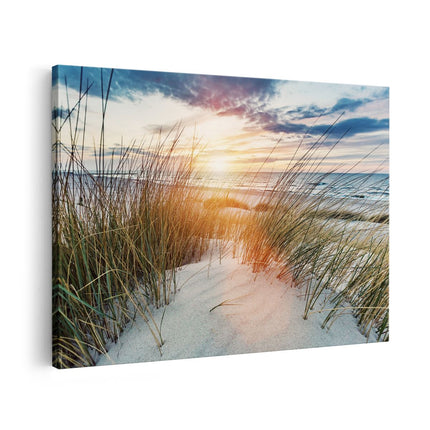 Canvas schilderij vooraanzicht Strand en Zee vanuit Duinen met Zonsondergang