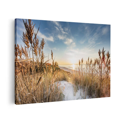 Canvas schilderij vooraanzicht Strand en Zee vanuit Duinen met Zonsondergang