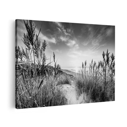 Canvas schilderij vooraanzicht Strand en Zee vanuit Duinen met Zonsondergang - Zwart Wit