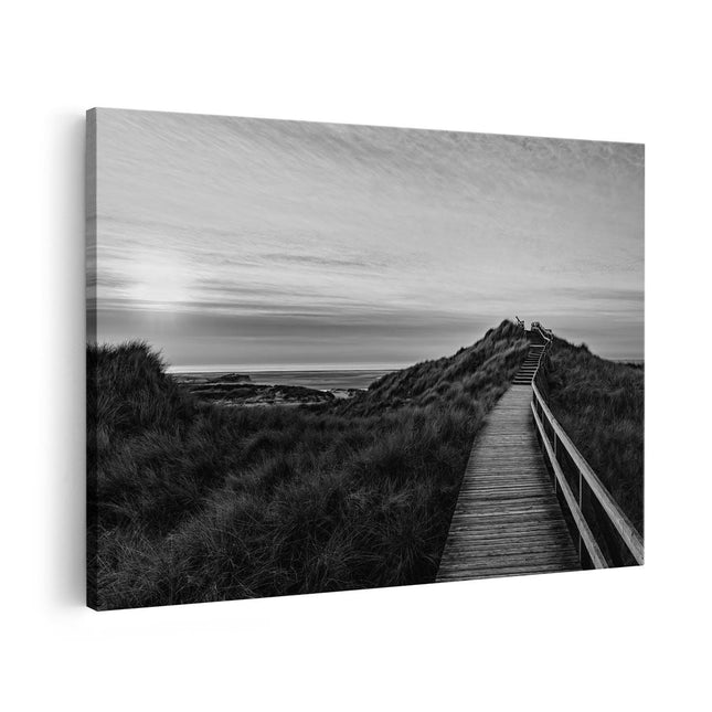 Canvas schilderij vooraanzicht Lange Voetpad door de Duinen - Zwart Wit