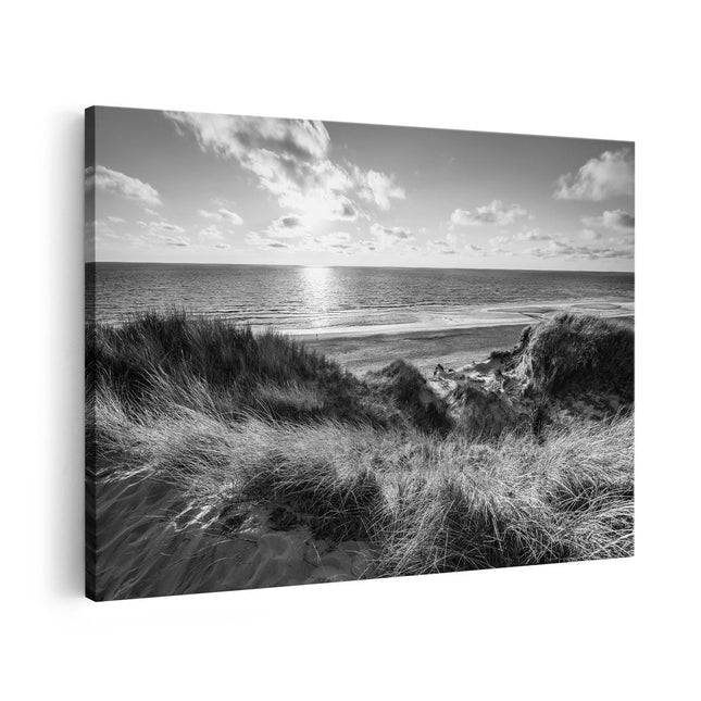 Canvas schilderij vooraanzicht Strand en Zee vanuit Duinen - Zwart Wit
